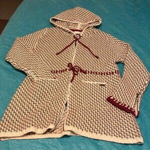80% Lambswool  Hooded Cardigan Jacket Women's L, w/ Belt & Zip Closure